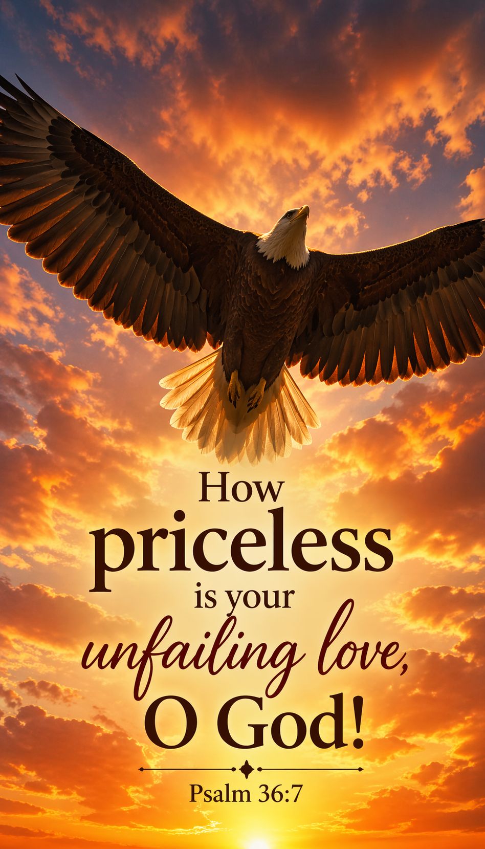 Bible verse Psalm 36:7 eagle wings detailed feathers sunset priceless love vertical wallpaper